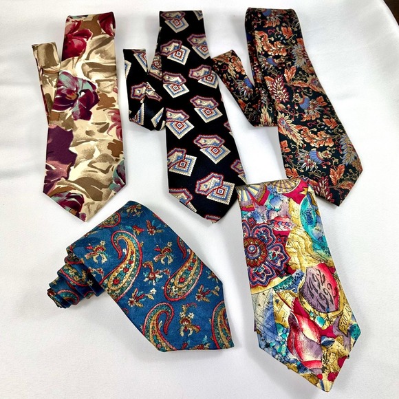Vintage Silk Tie Lot of 5 Made in USA & Italy Paisley Floral Geometric 80s 90s - Picture 2 of 9